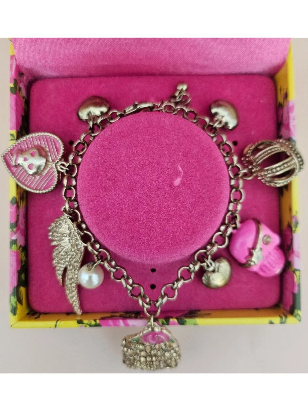 Betsey Johnson Crystal Skull Charm Bracelet Pink Rose Wing Heart w Box